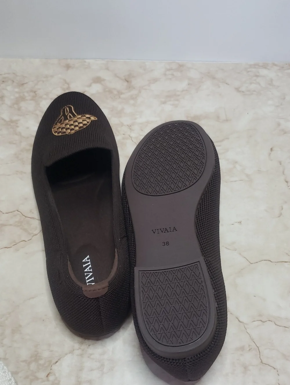 VIVALA Audrey Brown Slip-On Loafers with Gold Embroidery Size 38 New